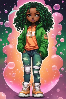 Create an colorful psychedelic comic book illustration of a chibi cartoon black female thick curvy wearing a cut of green and peach hoodie and white jeans and timberland boots. Prominent make up with long lashes and hazel eyes. Highly detailed shiny sister locs. Background of a large bubbles all around her