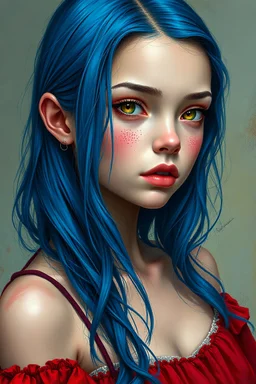 girl blue hair yellow eyes red dress photo realist