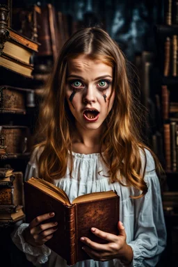 a girl possessed, eyes scary face, holding an book, against the background of a dark room full of old things