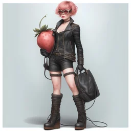 full body portrait -- an absolutely stacked anthropomorphic strawberry with pixie-cut hair, a perfect hourglass figure, perfect face, wearing a studded, black leather biker's jacket and pants with 12-inch platform boots and goggles,