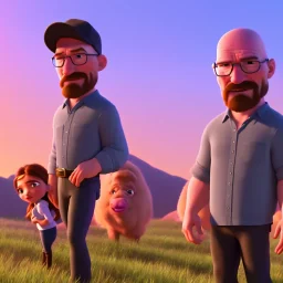 Walter White and his family, 8k, realistic face, with a fedora, sunset background,