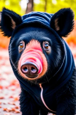 Pig in a black bear costume