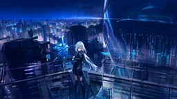 Clear Focus, High resolution, Beautiful girl standing backwards to a Cyberpunk skyline, comic style