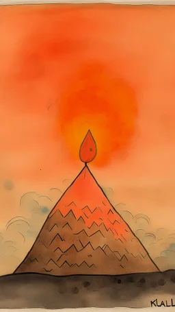 A light rosy orange colored volcano with spewing fire painted by Paul Klee