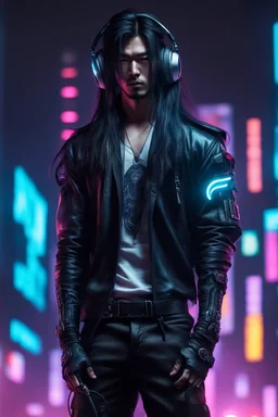 korean male cyberpunk solo with long hair, korean, Wearing Urban Gang Flash dark leather and modern headaphone, strong cyber warrior, black tatoo, stunning man, Retroanime, rembradt lighting, neon complementary colors, dark vibe, scifi