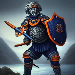 a fierce warrior in full navy blue and orange battle armor, with an S-shaped shield, holding a basketball, background of Inka jungle, a highly detailed illustration, realistic render, 8 k, micro detail, intricate, elegant, centered, digital painting, Artstation, smooth, sharp focus, illustration, artgerm, tomasz alen kopera, peter mohrbacher, donato giancola, joseph christian leyendecker, wlop, boris vallejo