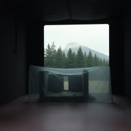 A Hasselblad H6D-400c photo of a dark odd room with structures. A transparent tarpaulin covers an image resembling a ruined building. There is a group of fir trees in the background and a high hill in the distance. The surface below is in a pastel color. Fog is present.