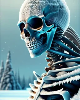 A close up of a frozen skeleton standing in a frozen lake, sharp focus, emitting diodes, smoke, artillery, sparks, racks, system unit, motherboard, by pascal blanche rutkowski repin artstation hyperrealism painting concept art of detailed character design matte painting, 4 k resolution blade runner, digital Art, perfect composition, beautiful detailed intricate insanely detailed octane render trending on artstation, 8 k artistic photography, photorealistic concept art, soft natural volumetric ci