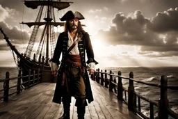 Pirate stands defiantly on a creaking wooden pirate ship deck, ocean horizon stretching behind, tattered sails billowing in the brisk sea wind, sunset casting an amber glow over the scene, high contrast, sharp textures, high detalied, detalied midle age face, dramatic lighting, photorealistic, crepy stunning, film noir