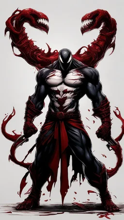 A close picture of Venom symbiote as ghost of Sparta red tattoos and Clothes, holding blade of choice