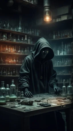 Si-Fi, The permanent under atmospheric lighting effects, a whole tables and shelves filled with old abandoned laboratory with a black hooded man doing laboratory test ,intricate historical moody atmosphere, eerie grimdark ambiance, complex motherboard accents, speculative fiction art. Bokeh