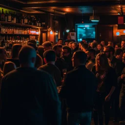 a crowded bar at night, lots of people, focus on a lonely person against the wall