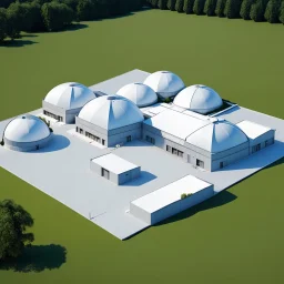 Draw a plan of a company with 6 domes and 4 warehouses that includes a nursery. Minimalist modern architecture, concept art, 8k