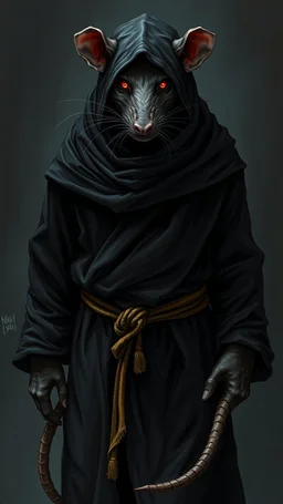 the rat man, ou’re looking at someone who doesn’t just walk into shadows—they belong to them. The black robes cling like a second skin, the belt tied tight with gold thread that catches the light only when he moves. His face is wrapped, but not hidden—his eyes glow like embers, red and steady, as if he’s already seen what waits inside the cave. The tail curls behind him, not in fear, but in readiness. He doesn’t need a torch, because the darkness answers him.