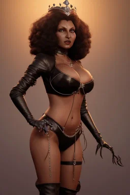 Pam Grier as evil queen in black leather, leather, busty, cleavage, angry, stern look. character design by cory loftis, fenghua zhong, ryohei hase, ismail inceoglu and ruan jia. unreal engine 5, artistic lighting, highly detailed, photorealistic, fantasy