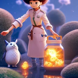 A studio ghibli characters in a jar floating, super high resolution, professional photograph, in focus, beautiful detail, professional digital art, stunning 4k, volumetric light, Award-winning photograph, photography, tokio background