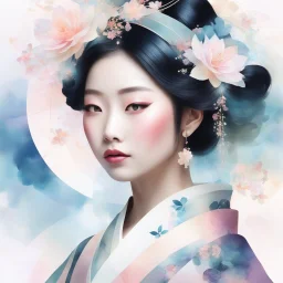 Create a double-exposure portrait of a Japanese courtesan, blending soft, pastel watercolor splashes and gentle light effects with delicate geometric shapes and lines. The portrait should have a dreamy or ethereal ambiance, characterized by lighter, pastel patterns and subtle geometric shapes overlapping or merging with her form. Include soft, pale flowers superimposed on geometric lines. This artwork should convey a more serene and tender expression of the multifaceted nature of the human spiri