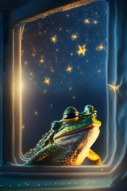 smiley frog with background star field seen in the window of a boat, 4 k, trending art, depth of field, high detail, high contrast