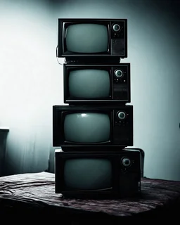 A stack of old retro televisions stacked on top of each other in, gritty proportions, scary, ominous vibes, low lit composition, macabre scene, moody and atmospheric, vintage overlay