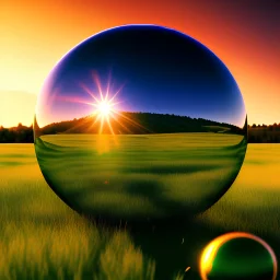 blue transparent sphere on the left, green meadow, sunset, photorealistic, 8k