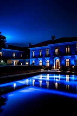 blue mansion with a huge infinity pool and lambergeaney at night