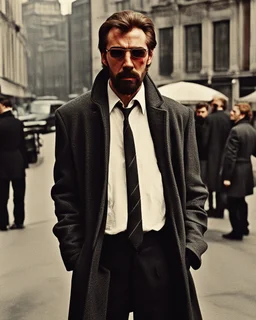 a young man who looks like hans gruber wearing a heavy coat and red sunglasses staring with an irritated look on his face