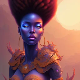 sango fantasy, fantasy magic, intricate, sharp focus, illustration, highly detailed, digital painting, concept art, matte, masterpiece head sexy African beauty black afro hair space lady blue beach sunset