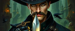 Artemis Entreri, oil paint and airbrush, upper body portrait of clever crow vintage mustache assassin thief quickling juggler man with Damascus steel sacrificial dagger in then elven magical green city of Forgotten Realms, myth drannor