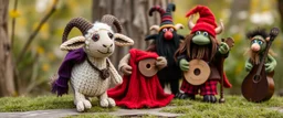 masterfully knitted sheep Hobgoblin ,and Gnoll muppet puppet band