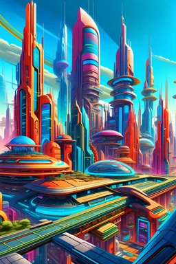 A colorful futuristic city with highly detailed features