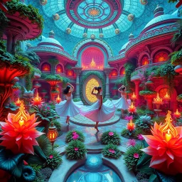 3D fractal recursive art of dancer girls in a futuristic magical villa garden. Intricate, detailed, dreamlike, fantastical, surreal, volumetric, layered, geometric patterns. Ethereal, shimmering, otherworldly. Elegant, graceful dancers in motion, surrounded by lush, verdant vegetation, ornate architecture, and glowing, luminescent elements. Vibrant, saturated colors. Mystical, sci-fi, utopian atmosphere