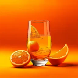 Orange background, a transparent glass orange with a ship swimming in the middle of the orange juice