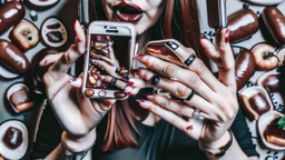 lady with with sausages as hands getting her iphone11 all full of dirty finger residue