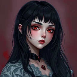 a pretty girl, 14 years old, black hair, vampire, red eyes, realism, stylised, fantasy, mystery