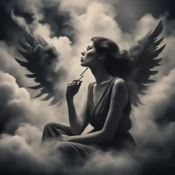 women sitting forward Her face turned upwards and blows cigarette smoke from their mouth. It depicts a figure with wings emerging from its back. behind the clouds of smoke seen death. dark and mysterious