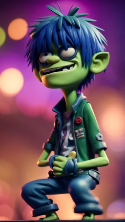 Murdoc from Gorillaz looking goofy smiling with arms folded on stage,bokeh like f/0.8, tilt-shift lens 8k, high detail, smooth render, down-light, unreal engine, prize winning