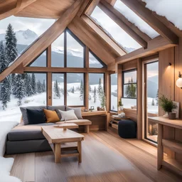 photo of a tiny house with 2 floors, cozy white and wood interior, small space, minimalistic decor, big window with views of the snowy mountains, rural area, soft colors --ar 1:1