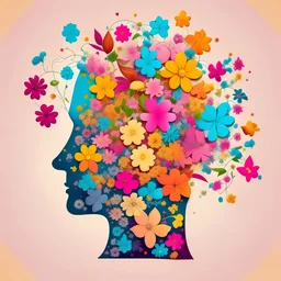 Blossoming Thoughts: A head made of puzzle pieces, sprouting vibrant flowers, set against a pastel backdrop with twinkling stars , tshirt design