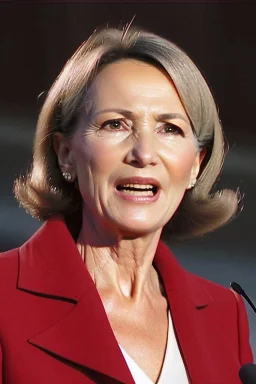 A preety woman in her early 50s having a presidential speech in front of a huge building