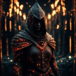 hooded marble knight covered with glowing crystals, fire particles in air, bright colors, glowing sparkle particles, dark tone, sharp focus, high contrast, 8k, incredible depth, depth of field, dramatic lighting, beautifully intricate details, clean environment, epic dynamic scene