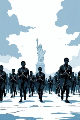 "A conceptual black-and- blue, digital illustration of a massive black African slaves with chains walking in the same direction, , symbolizing conformity. Statue of Liberty in the background, The atmosphere feels lifeless and repetitive, emphasizing the ordinary mindset of the majority."