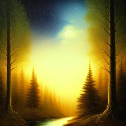 forest at night, river, mountain, night sky, landscape, painting