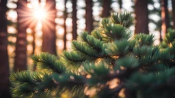 A stunning close-up of a pine tree captured by Erik Ortvad. The sun shines brightly in the background, creating a mesmerizing bokeh effect. The forest serves as a naturalistic backdrop, with foliage adding an extreme bokeh effect. A truly beautiful landscape photograph with captivating bokeh and a soft glow.