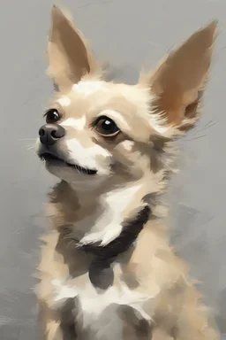 This image is a striking painting of a chihuahua The dog is facing forward with a slightly tilted head, giving it a curious and endearing expression. Its fur is rendered with expressive, textured impasto brushstrokes in earthy tones—creamy whites, browns, and hints of gray—that create a sense of depth and movement. The background is a soft, muted gray, which contrasts beautifully with the warm tones of the dog and helps it stand out as the focal point. The overall style blends realism with impre