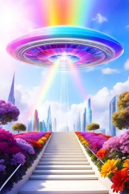 Ufo rainbow, futuriste ultra moderne,stairway to heaven,crystal very beautiful city,flowers garden,angels