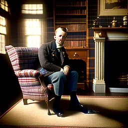 An English gentleman wearing a checkered tweed jacket, wearing slippers, sitting in a wing chair by the burning fireplace, listening to music emanating from an old gramophone, in the background an antique radio receiver standing on a dresser, a bookcase and an oil painting of Queen Victoria, realistic shot, taken indoors In yellowish light, nostalgic atmosphere, 12K