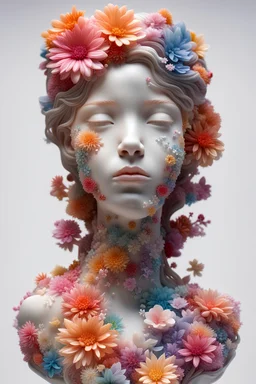 portrait of girl, 3D resin, Skin made from colorful floral elements