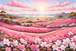 A realistic panorama of a landscape, a vast expanse of sweet pink and white azaleas and flowers. The fields create a mesmerizing sea of colors, with the azaleas in full bloom and their petals scattered like confetti on the ground. The serene countryside is visible in the background, with a few scattered trees and a distant hill. Rays of the sun. Very detailed, high contrast, 8k, high definition, concept art