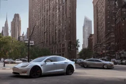 A Tesla 'Model Y' is parked, near the Flatiron Building in Manhattan. (CINEMATIC, WIDE ANGLE LENS, PHOTO REAL)