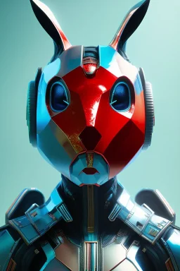Portrait Sweet Rabbit ceramic mask, cyan, red suit, cyberpunk, photo studio, black background, unreal engine 5, concept art, ray tracing, lumen lighting, ultra detail, volumetric lighting, 3d.